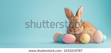 Adorable Bunnie with Easter Eggs on blue Background, Cute rabbit with pastel Easter eggs, festive spring setting Royalty-Free Stock Photo #2433210787