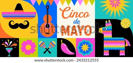 Cinco de Mayo colorful fun design. Mexican fiesta concept. Banner, poster in modern geometric style. Vector illustration and design Royalty-Free Stock Photo #2433212555