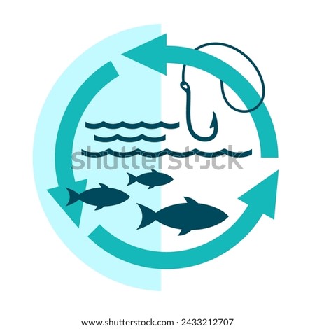 Sustainable fishing stamp - for marine ecosystems, reproductive rate of fish, balance and survival of all species. Triangular recycling sign with fish and hook Royalty-Free Stock Photo #2433212707