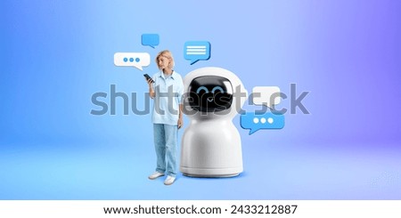 Smiling woman using phone, standing full length near cartoon AI robot with mock up speech bubbles on copy space colored background. Concept of virtual assistant and bot communication