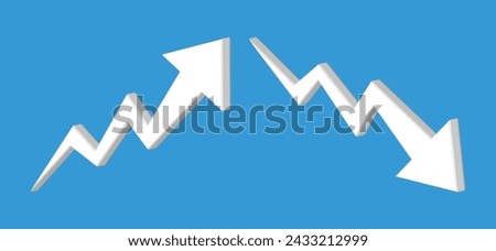 Graph going Up and Down with 3D white arrows on blue.White chart bar vector illustration concept of sales bar chart symbol icon with arrow moving down and sales bar chart with arrow moving up.