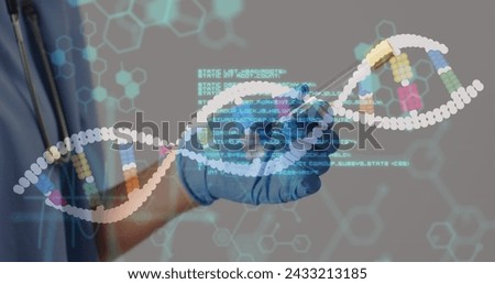 Image of dna strand and data processing over biracial doctor with test tube. Global medicine and digital interface concept digitally generated image.