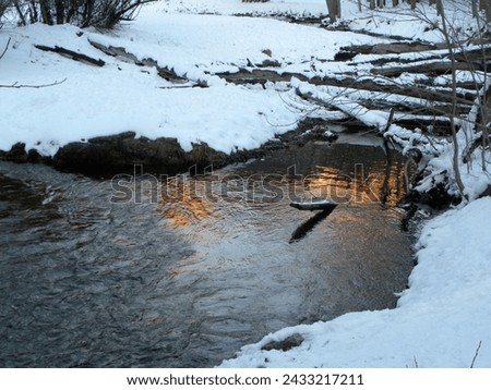 Detail of winter landscape with snow and water and sunset reflection. View of forest creak with beaver dam. Beautiful seasonal photo.