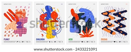 Colorful vector minimalistic Posters with bizarre abstract geometric unusual shapes and forms with different textures in matisse style, Hand drawn modern wall art with aesthetic naive figures, set 9