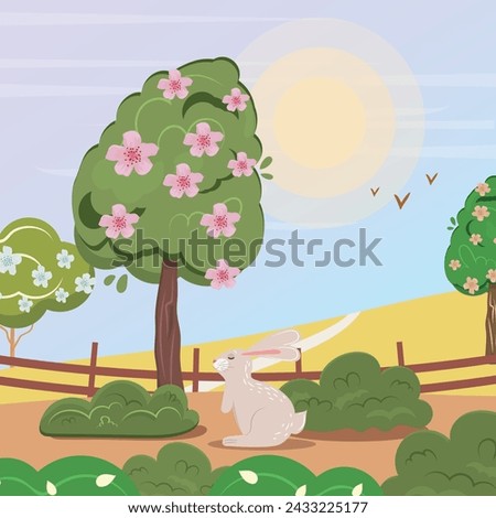 Illustration of blooming trees and a cute bunny revealing in the sunny weather. For cards, posters, advertisements, social media or seasonal creations