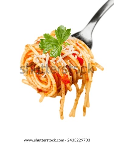 This is a picture of a forkful of spaghetti with tomato sauce, cheese, and parsley. It looks like a delicious pasta dish that might be served in an Italian restaurant or cooked at home.