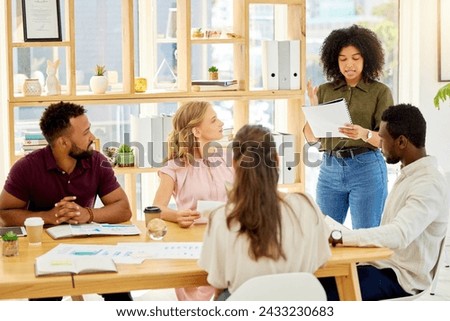 Business meeting presentation, people and speaker with proposal document, KPI report or paperwork. Team leader, manager or woman talking for motivation, strategy and company project planning goal Royalty-Free Stock Photo #2433230683