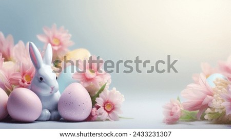 Cute white porcelain rabbit put on the front left of few pastel colored Easter Eggs with blurry flowers in background