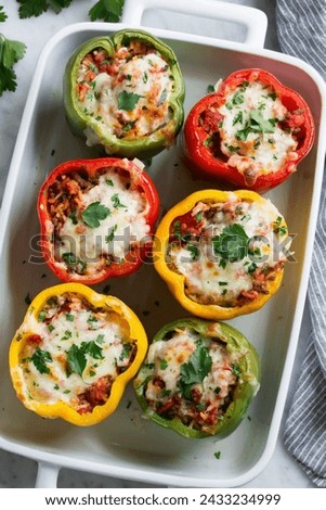 Stuffed Peppers. Just fresh, flavorful, comfort food tossed and layered together and baked until perfectly tender and tasty. Royalty-Free Stock Photo #2433234999