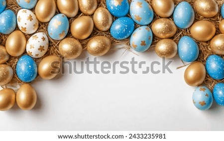 Beautiful  Happy Easter frame with Blue and golden easter eggs on a white background. For advertising banners or greeting cards.