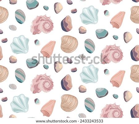 Seamless background with pebbles end shells, pattern with a variety of pebbles. Royalty-Free Stock Photo #2433243533