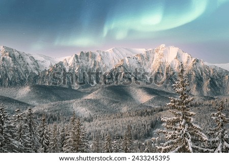 Beautiful snowy mountain landscape in winter at sunrise