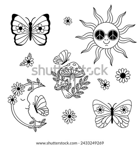 set of isolated outline retro sun, moon, butterfly, mushroom