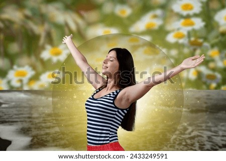 Young happy woman meditate exploration magical.