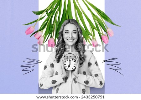 Collage image artwork of cheerful charming girl holding clock waiting spring time march coming isolated on drawing background Royalty-Free Stock Photo #2433250751