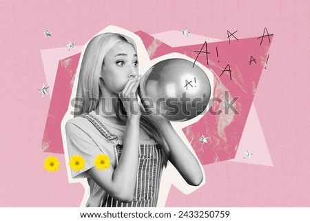 Picture collage of cute pretty girl blowing air balloon preparing hen bachelorette party 8 march occasion isolated on drawing background