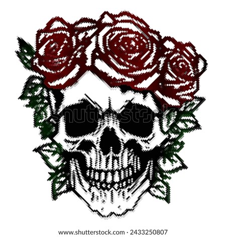 Illustration of skull with crown of roses.  Dark art.  Colorful silhouetted design in pixelated effect.