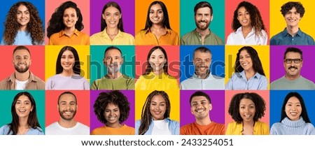 A vibrant collage of diverse individuals, each with a unique style and personality, confidently posing against a rainbow of solid colored backgrounds, have video call, studio, panorama Royalty-Free Stock Photo #2433254051