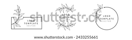 Black white vector logo template with branches and leaves. Square, round botanical stamp, badge for companies