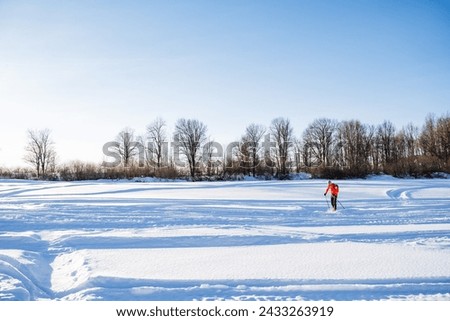 Winter landscape, man skiing in snow, winter forest, snowmobile tracks. High quality photo