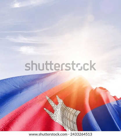 Cambodia waving flag in beautiful sunlight.