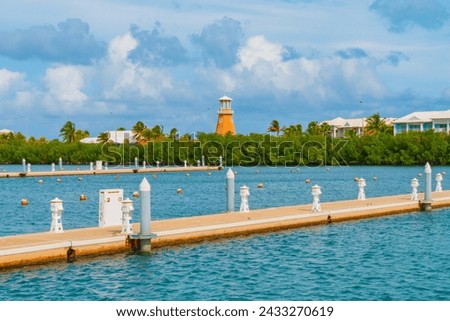 Empty pier in the resort of Varadero, Cuba. Lack of tourists due to the Cuban American crisis. Marina without yachts and boats. Internacional Dive Center Gaviota Las Morlas. Tourist port without boats