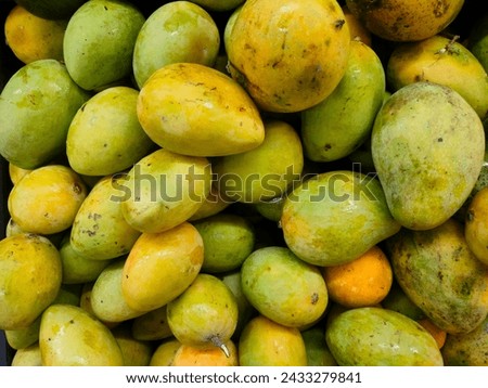 Stunning bunch of yellow reddish greenish fresh ripe Mangoes placed on market ready for sale ultra hd hi-res jpg landscape stock image photo picture selective focus top ankle view 