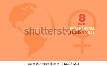 Woman symbol with text and Earth globe on orange background. International Women's day greeting card. Flat vector illustration