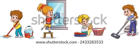 Vector illustration of set of kids doing cleaning and housework. gaining responsibility awareness and helping family.