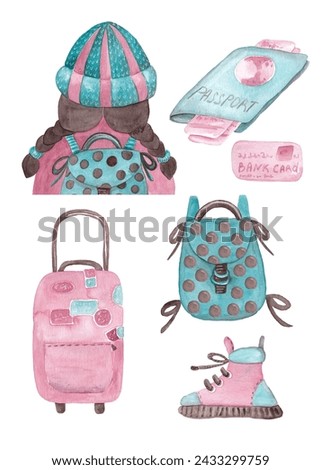 Tourist set: backpack, suitcase, passport and tickets, bank card, sneakers. Set of watercolor illustrations. Clip-art in mint pink tones