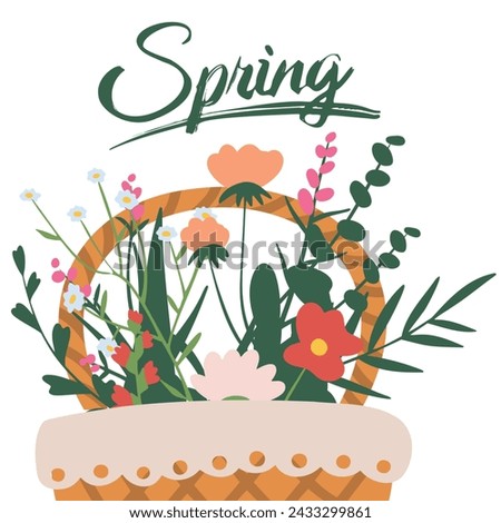 Spring card with typography and flower illustrations. Hello spring card with decorative floral frame, vector illustration, decorative florid background with copy space Royalty-Free Stock Photo #2433299861