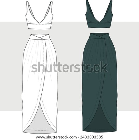 Sleeveless Top with Bodycon Front Knot Skirt Suit, Skirt and Crop Top Set Fashion Flat Sketch Vector Illustration, CAD, Technical Drawing, Flat Drawing, Template, Mockup. Royalty-Free Stock Photo #2433303585
