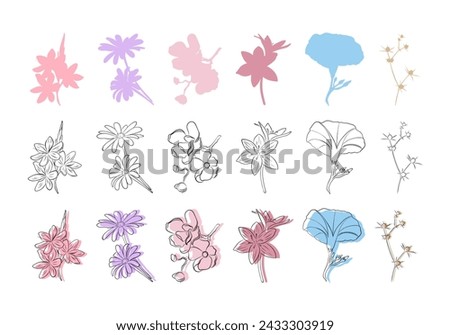 Vector set of simple multicolored and black stroked flowers. Graphic illustration for tattoo,prints,decor,wallpapers,backgrounds and web Royalty-Free Stock Photo #2433303919