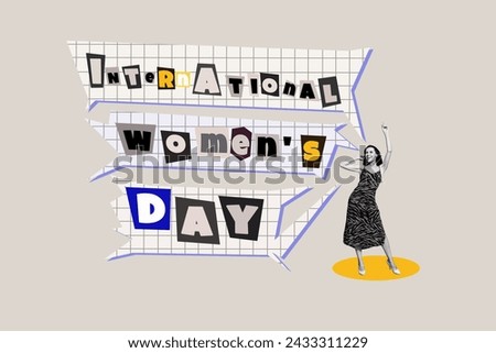 Image collage magazine of cheerful happy girl dance celebrate international womens day isolated on painted background