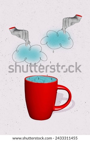 Vertical collage picture of two black white colors people arms fingers hold painted clouds raindrops big red cup isolated on creative background