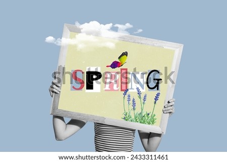 Collage of black white colors girl arms hold cover head spring picture photo frame flowers butterfly clouds isolated on blue background