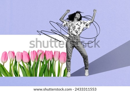 Collage picture artwork of cheerful carefree cute woman glad spring time blooming nature tulips garden isolated on drawing background