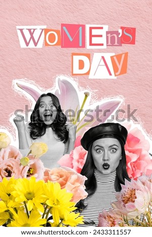 Collage picture of cheerful happy cute girls surrounded fresh blooming flowers isolated on drawing background