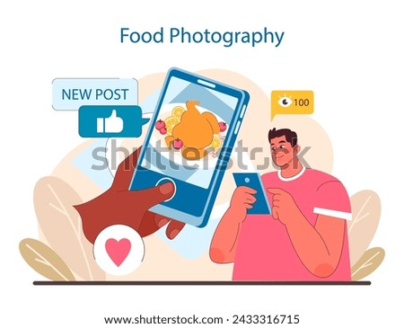 Food Photography concept. Gastronomic visuals captivating social media. A snapshot into delicious dishes through a digital lens. Culinary art with likes and shares. Flat vector illustration. Royalty-Free Stock Photo #2433316715