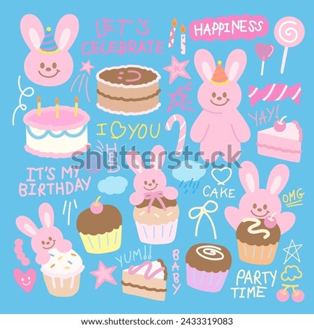 Pink bunny and cute birthday elements for birthday party, stickers, cartoon character, sweet dessert logo, food icon, menu, recipe, cake clip arts, cupcakes, cafe, restaurant, candy, happy easter, ads