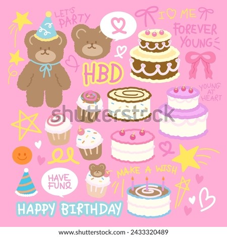 Teddy bear and cute birthday elements for birthday party, stickers, cartoon character, sweet dessert logo, food icon, menu, recipe, cake clip arts, cupcakes, cafe, restaurant, pink ribbon, celebration