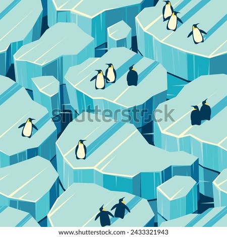 Vector seamless pattern with penguins on ice