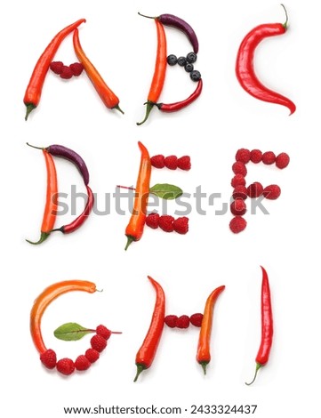 letters a b c d e f g h i from purple red orange chili peppers, berry, green salad letter for texts word, poster, banner sign, bowls menu card, vegan bowl, vegetarian food vegetable letters, for text Royalty-Free Stock Photo #2433324437