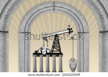 Art concept. Oil pump stands on stone columns and pumps oil from a amphora on a background of architectural arches. Pump Jack and classical architecture objects. Template for poster, art, zine, dj.
