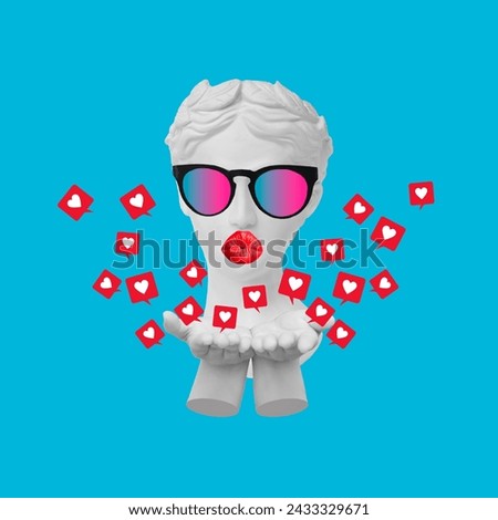 Antique female statue's head in sunglasses sending kiss with hands and like symbols from social media on blue color background. 3d trendy collage in magazine style. Contemporary art. Modern design