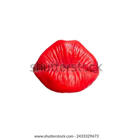 Kissing woman's red lips with a bow isolated on a white background. 3d trendy creative collage in magazine style. Contemporary art. Modern design