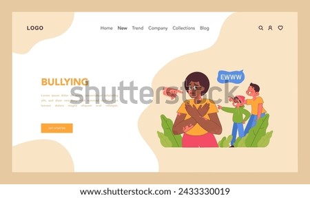 Bullying web or landing. Distraught young woman cornered by jeering peers, feeling isolated and shamed. Lookism, racism, discrimination, hate, social issue portrayal. Flat vector illustration Royalty-Free Stock Photo #2433330019