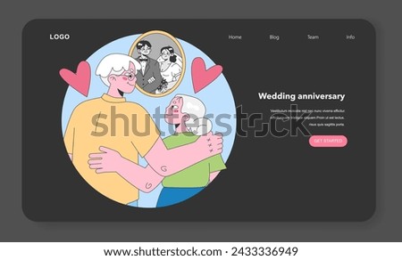 Wedding Anniversary web or landing set. Elderly couple reminisces about their lifelong journey, cherishing their love and companionship. Flat vector illustration. Royalty-Free Stock Photo #2433336949