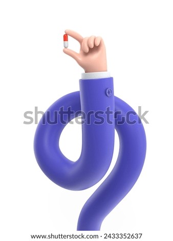 3d render. red white pill icon. Doctor or pharmacist cartoon hand with black skin holds small pill. Medical healthcare illustration. Pharmaceutical clip art.3D rendering on white background.long arms 