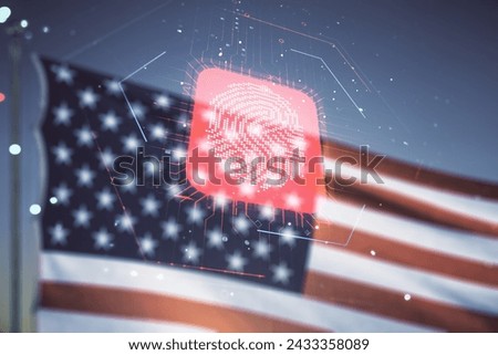 Double exposure of virtual creative fingerprint hologram on US flag and blue sky background, protection of personal information concept